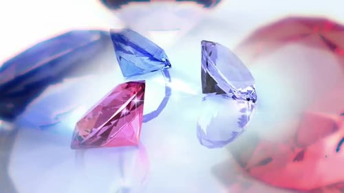 Sparkling 3D Gemstones Rotating on Reflective Surface