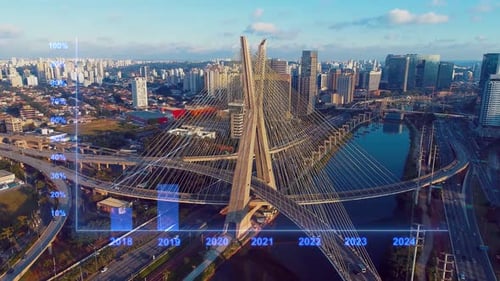 City Aerial with Data and Financial Graphs