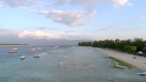Aerial view at group of traditional boats anchored, Indonesia.