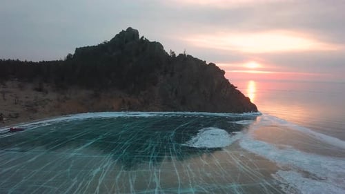 Sandy Bay on Lake Baikal in Winter. Siberia, Russia, Aerial View.