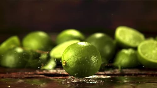 Super Slow Motion One Lime Falls on the Table with Splashes