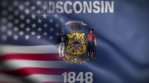 Waving Wisconsin State Flag with Translucent USA Overlay