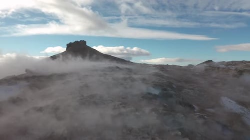 Aerial View of a Valley with Steaming Fumaroles, Iceland, Winter 2019