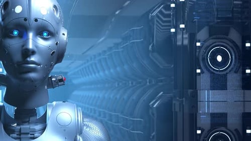 Futuristic AI Robot with Digital Interface and Advanced Technology Background