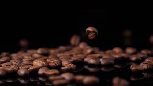 Geröstete Kaffeebohnen. Zeitlupe fallender Arabica-Kaffeesamen
.