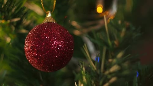 Sparkly Red Christmas Ornament Hanging on a Tree