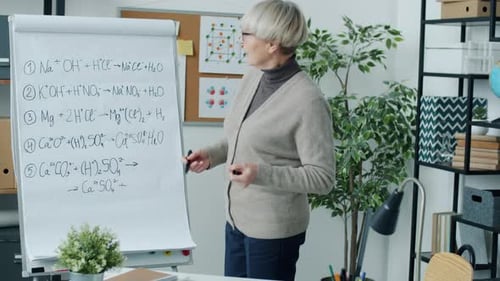 Female Teacher Explaining Chemistry Equations at Whiteboard