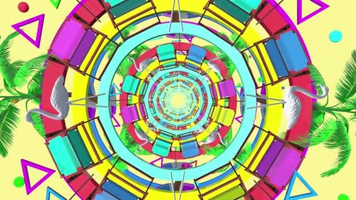 Vibrant Summer Beach Tunnel with Flamingos and Palm Trees