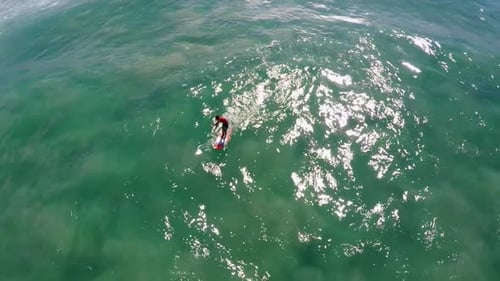 Aerial view of a man paddling while sup stand-up paddleboard surfing in Hawaii