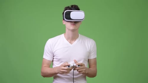 Man with VR Headset Playing Video Game