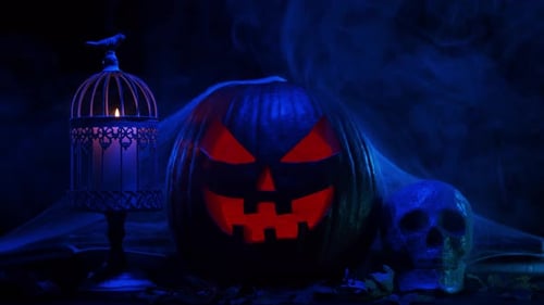 Spooky Halloween Pumpkin and Skull with Blue Smoke