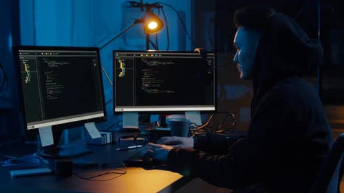 Hacker utilisant des ordinateurs pour une cyberattaque de nuit 40