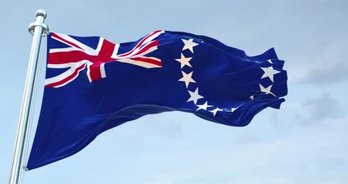 Realistic Cook Islands Flag Waving in Slow Motion Against Sky
