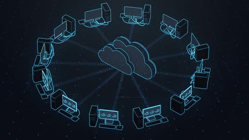 Computer Network Cloud Concept. Computers receiving data from the cloud.