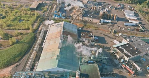 Aerial panoramic view chemical factory production line for delivering components.