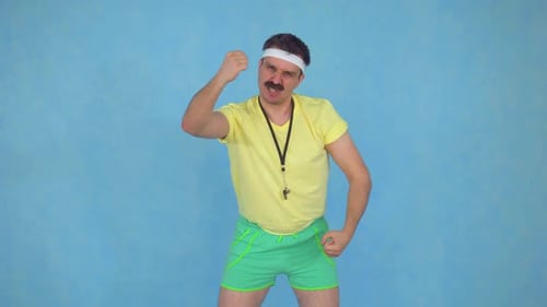 Enthusiastic Coach Gesturing in Retro Outfit