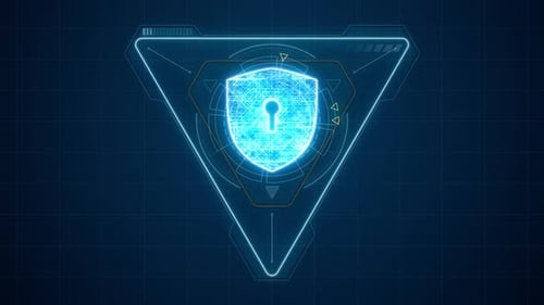 Blaues Sicherheitsschild mit Dreieck- und Kreisdrehung mit HUD-Technologie-Schnittstelle und futuristisch