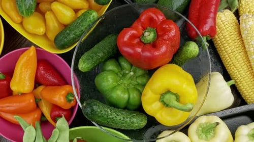 Fresh Washed Vegetables in Colorful Bowls