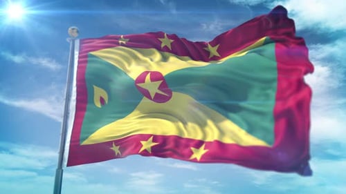Realistic 3D Animation of Grenada National Flag Waving in Blue Sky
