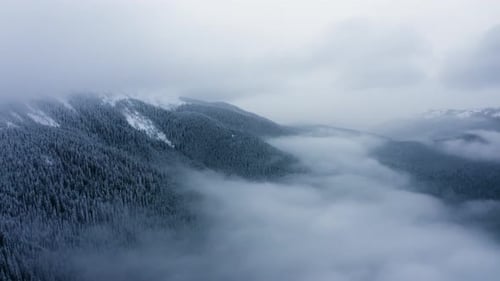 Drone flying above clouds over mountains, Aerial view of snow covered trees