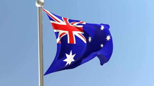 Realistic Waving Australian Flag Against Blue Sky