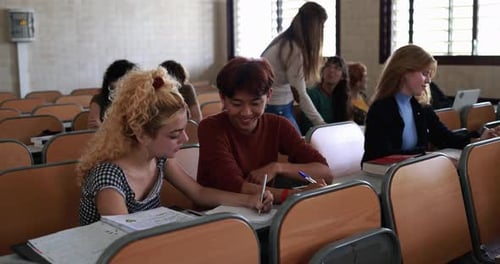Mature teacher working with students inside classroom at school university