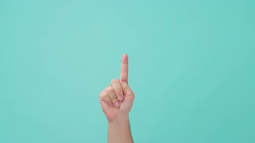 Close up of human hand raising, show hand gesture counting down number by fingers in blue screen.