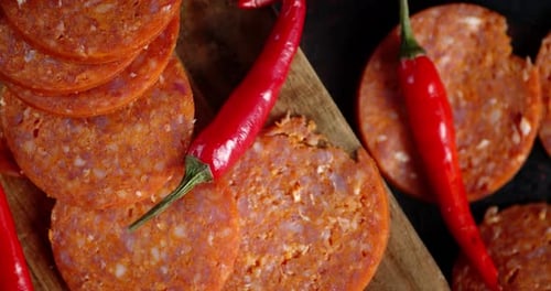 Sausage Slices with Red Peppers on Board
