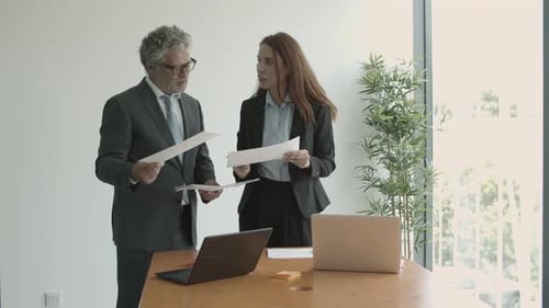 Professionals Discussing Documents in Bright Office Setting