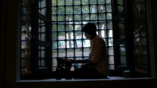 Man Reads Book Inside an Ornate Window