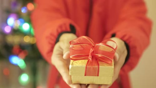 Holding Christmas Gift with Red Bow at Home