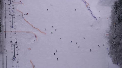 Skiers and Snowboarders Ride on a Snowy Slope at a Ski Resort in Sunny Day