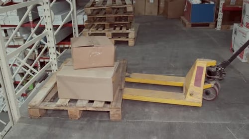 Un hombre de fábrica está cargando cajas de cartón en una transpaleta manual en un almacén