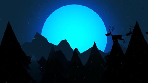 Santa's Sleigh and Reindeer Fly Across a Snowy Christmas Night