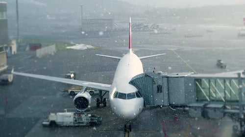 Commercial Airplane Standing at Airport Terminal in Winter Weather