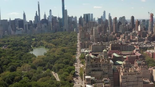 Flight Over Beautiful New York City Street at Central Park on Sunny Summer Day