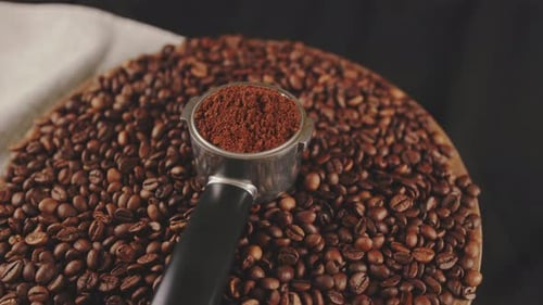 Coffee Beans and Ground Coffee in Portafilter Close-up