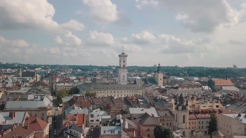Aerial Drone Footage of European City Lviv, Ukraine, Flight Above Popular Ancient Part of Old Town