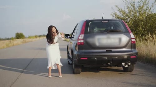 Worried Alone Business Woman Talking on Phone at Broken Car Out of City
