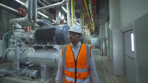 An engineer man or worker, people working in industry factory. Chiller tower or cooling tower