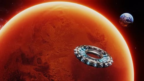 View of Mars, Earth and Spaceship
