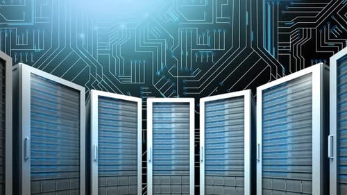 Animated Server Racks in Data Center with Futuristic Circuit Background