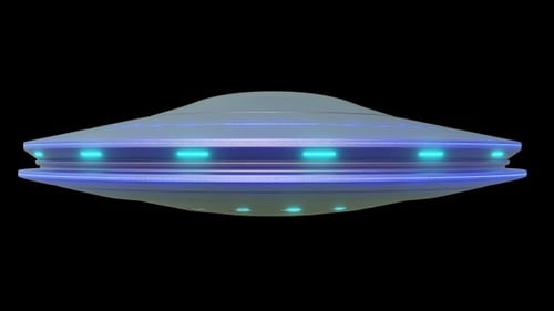 Futuristic UFO Flying Saucer Rotating with Glowing Lights