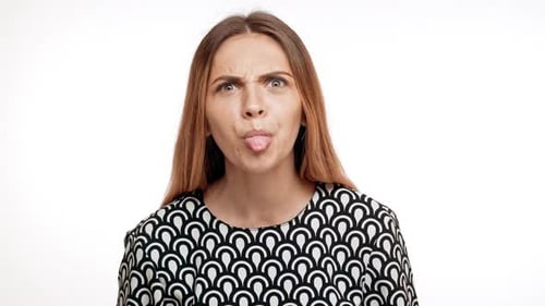Young Beautiful Blonde Girl Playing Ape Over White Background