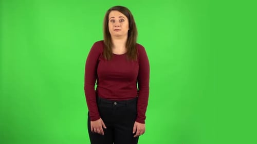 Perplexed Girl in Looking Camera, Pointing Herself, Say Who Me No Thanks i Do Not Need. Green Screen