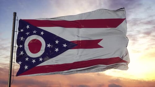 Ohio State Flag Waving at Sunset with Realistic Fabric Movement
