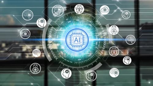 Animation Artificial Intelligence (AI) technology icons over the Network connection