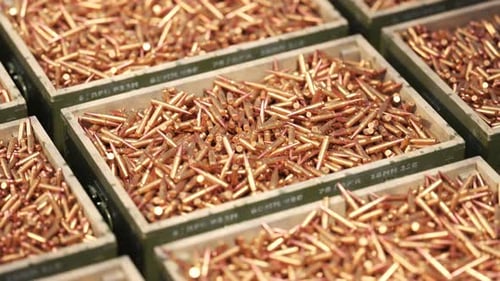 Huge stack of military boxes filled with rifle and machine gun ammunition. 4KHD