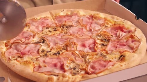 Pizza cutter cuts pizza with a round knife