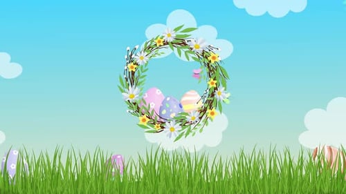 Flat Design Easter Celebration Animation with Rabbit and Wreath